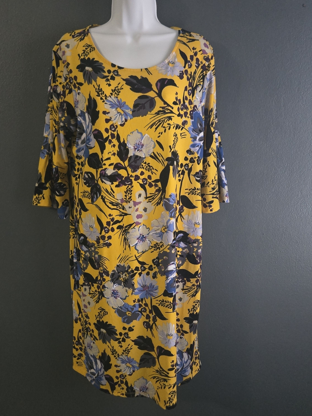 Alexandra + Oak Yellow Floral Shift Dress Bell Sleeve Bright Cottagecore Mod L